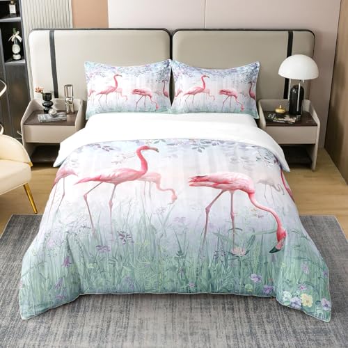 richhome Flamingo 100% Natur Baumwolle Bettbezug 135x200, Mädchen Frauen Rosa Vögel Advanture Bettwäsche Set, rustikale botanische Pflanzen Blumen Tröster Abdeckung Bettwäsche (kein Tröster) von richhome