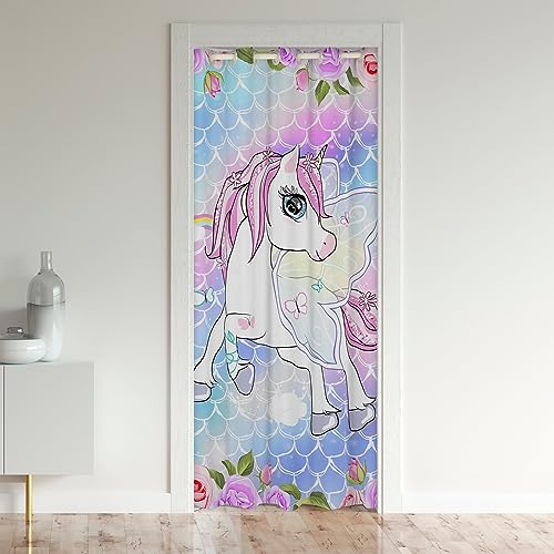 richhome Girly Einhorn Tür Vorhang für, Aquarell Verlaufsstreifen Rosa Blumen Raum Teiler Vorhang 1 Panel, 86x203, Regenbogen Waagen Träumen Kinderzimmer Vorhang von richhome