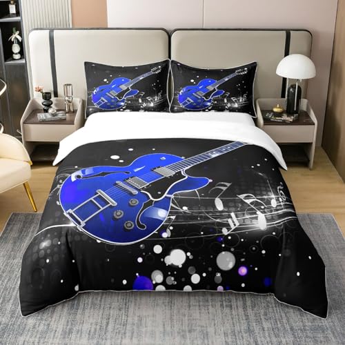 richhome Gitarre Bettbezug 100% Natur Baumwolle 155x220,Musik Thema Retro Musikalische Note Tröster Abdeckung für Jugendliche Jugend, Aquarell Blaue Gitarre Bauernhaus Bettwäsche Schlafzimmer von richhome
