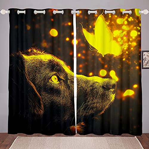 richhome Hund Fenstervorhang 175x140cm,Feuer Schmetterling Magisches Insekt Vorhänge für Kinder,Kariöses Hundetier Gardine 2er-Set Fenster Vorhänge von richhome