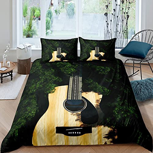 richhome Jugendgitarre Bettwäsche-Set, Retro Gitarren Musikinstrumentenbaum Bettwäsche Set 135x200cm, Schwarz Grün Betten Set für Kinder Jungen Mädchen Teenager 2St.Reißverschluss Mikrofaser von richhome