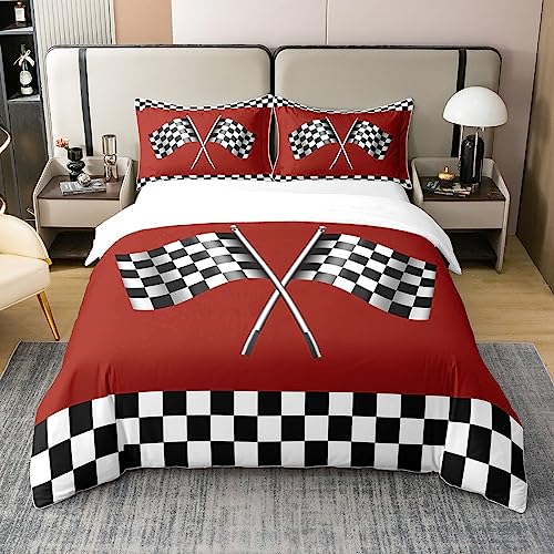 richhome Karierte Flagge Rot 100% Natur Baumwolle Bettbezug Race Car Thema Tröster Bezug 135x200 Schwarz Weiß Geometrische Gitter Plaid Ästhetische Luxus Bettwäsche Set von richhome