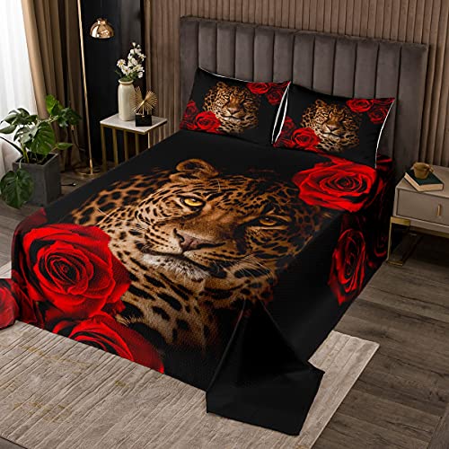 richhome Leopard Tagesdecke 170x210cm,Afrika Raubkatze Wildtier Steppdecke für Jungen Mädchen Bett,Rote Rosenblüten Luxuriös Kinderzimmer Tagesdecke Bettüberwurf Ultra weich 2St von richhome