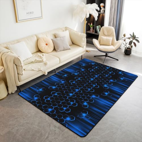 richhome Neon Blue Honeycomb Area Teppich 150x200 für Nachttisch,Einfacher geometrischer Kunstteppich für Büro Badezimmer,Abstrakte Linien Geometrische Hexagon Fußmatte für Schlafzimmer von richhome