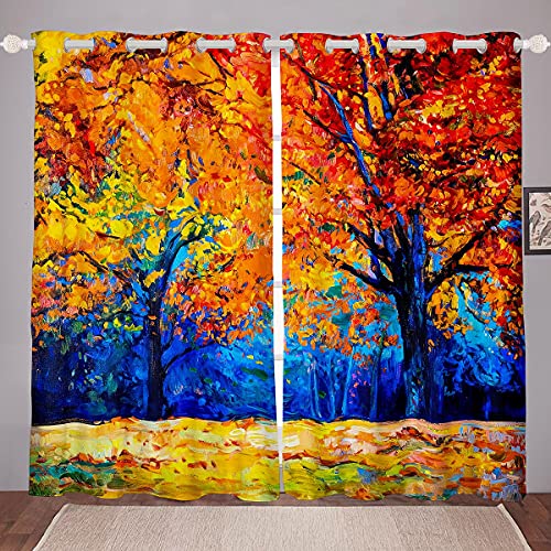 richhome Ölgemälde Fenstervorhang 137x117cm, Herbstlandschaft Vorhänge für Jungen Mädchen Gedrucktes Orangen-Ahornblätter Kunstwerk Gardine 2er-Set Fenster Vorhänge von richhome