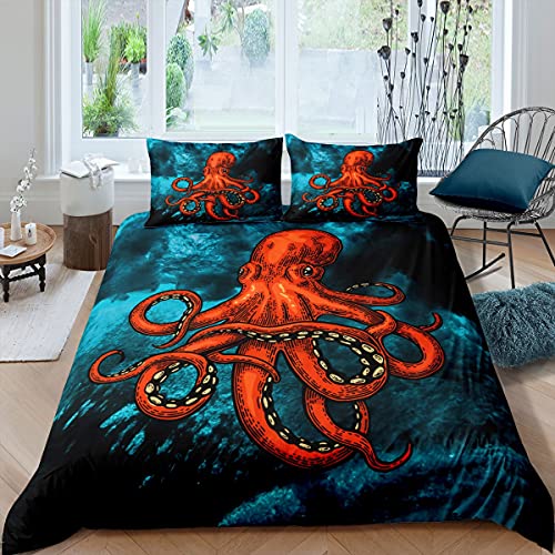 richhome Oktopus Ozean Bettwäsche-Set,Rotes Meeresleben Bettwäsche Set 135x200cm,Mystery Unterwasserwelt Blau Betten Set für Kinder Jungen Mädchen Teenager 2St.Reißverschluss Mikrofaser von richhome