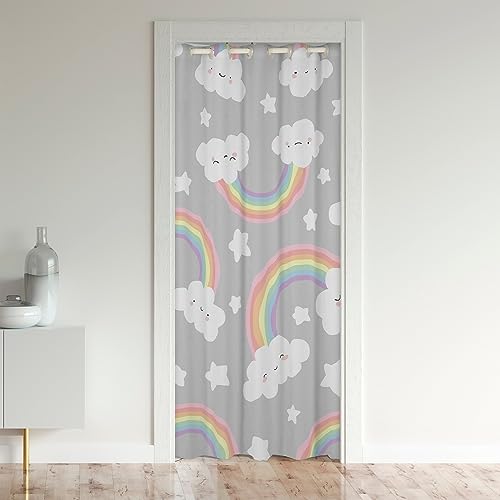 richhome Regenbogen Tür Vorhang für Tür Privat 86x203,Weiße Wolken Sterne Tür Verdunkelung Vorhang, Cartoon Regenbogen Wolken Tür für Wohnzimmer von richhome