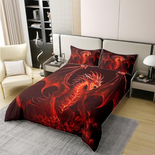 richhome Roter Drache Bettwäsche Set Kinder Jungen Spiele Bettbezug Set Flame Wild Animal Tröster Cover Set Roter schwarzer Wildlife Bettbezug Schlafzimmer Quilt Cover 135×200 100% Baumwolle von richhome