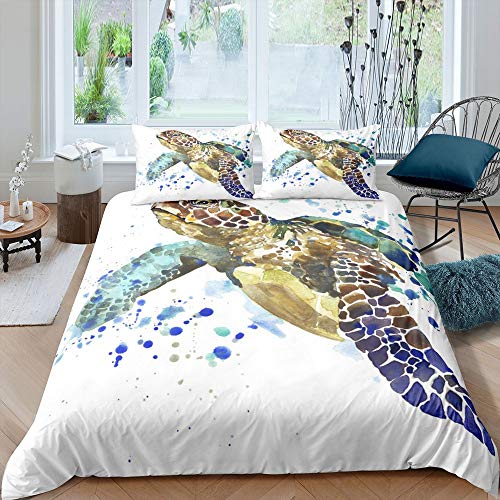 richhome Schildkröte Mittelmeer Bettwäsche-Set Schildkröten-Reptil Bettwäsche Set 155x220cm Weißes blaues Meer Betten Set für Kinder Jungen Mädchen Teenager 2St.Bettbezug von richhome