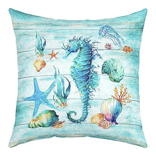 richhome Seepferdchen Ozean Kissenbezug 60x60 Sealife Kissenbezug für Schlafzimmer Wohnzimmer, Seesterne Conch Quallen Kissenbezug Doppelseiten Drucken von richhome