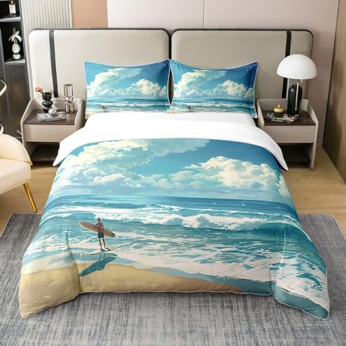 richhome Sommer Ozean 100% Natur Baumwolle Bettbezug 155x220,Aquarell Blau Himmel Meer Strand Bettwäsche Set,Seaside Camping Surfen Thema Tröster Abdeckung Bettwäsche (ohne Tröster) von richhome