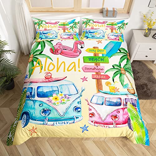 richhome Sommer Strand Kinder Bettbezug Set 135x200,Tropische Kokosnussbäume Palmen Bettwäsche Set, Hawaii Bus Ozean Surfen Mode Tröster Abdeckung, Bunte Quilt Cover, 1 Kissenbezug von richhome