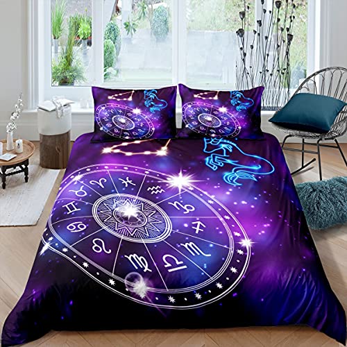 richhome Sternbild Steinbock Bettwäsche-Set,Springende Ziege mit Schwanz Bettwäsche Set 135x200cm,Feentier Glänzendes Astrolabium Betten Set für Kinder Mädchen Teenager 2St.Reißverschluss Mikrofaser von richhome