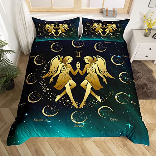 richhome Sternbild Zwillinge Bettwäsche-Set,Sternengalaxie-Universum Bettwäsche Set 135x200cm,Zwillingsmädchen mit Flügel Betten Set für Kinder Jungen Mädchen Teenager 2St.Reißverschluss Mikrofaser von richhome