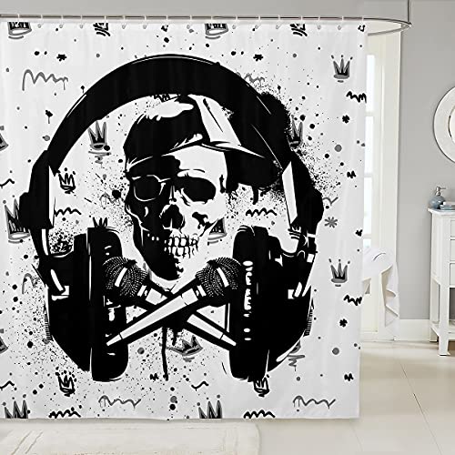 richhome Totenkopf Skelett Duschvorhang für Kinder Jungen Mädchen Teens Hippie Graffiti Wasserdichter Badvorhang mit 12 Haken Rock Hip Hop Polyester Room Decor Badvorhang Set 180x200 cm von richhome