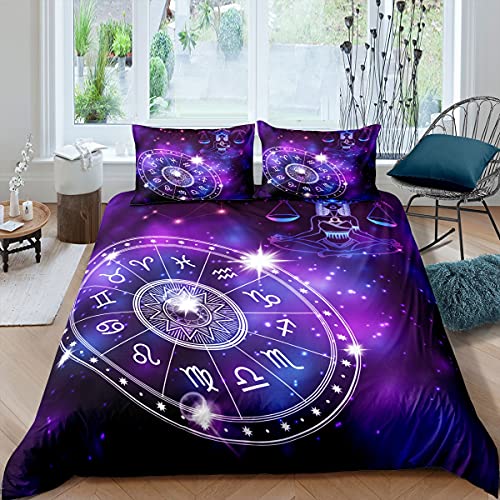 richhome Waage Sternzeichen Bettwäsche-Set,Sternenhimmel-Nebelgalaxie Bettwäsche Set 135x200cm,Stammesmädchen mit Horn Mandala Geometrisch Betten Set für Kinder Teenager 2St.Reißverschluss Mikrofaser von richhome