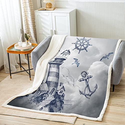 richhome Wachturm Nautik Decke 130x150cm,Vintage Ankerkompass-Skizze Wohndecke für Kinder Jungen Mädchen,Fliegende Möwe Ozean Tier flauschig & weich Sofadecke Couchdecke zweiseitige Decke Feder von richhome