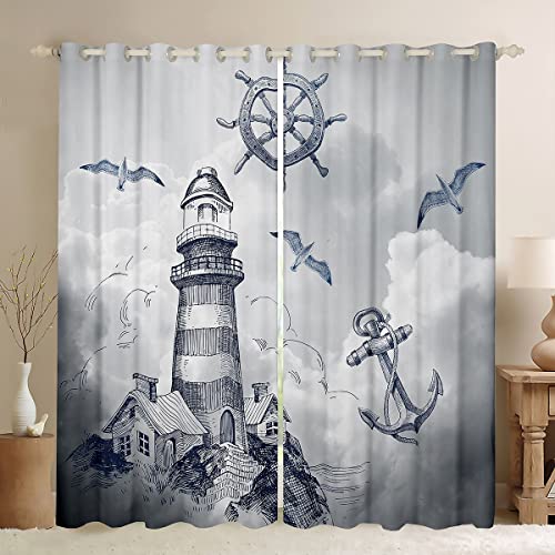 richhome Wachturm Nautik Fenstervorhang 245x140cm,Vintage Ankerkompass-Skizze Vorhänge für Jungen Mädchen Gedrucktes,Fliegende Möwe Ozean Tier Gardine 2er-Set Fenster Vorhänge richhome Wachturm Nautik Fenstervorhang 245x140cm,Vintage Ankerkompass-Skizze Vorhänge für Jungen Mädchen Gedrucktes,Fliegende Möwe Ozean Tier Gardine 2er-Set Fenster Vorhänge von richhome