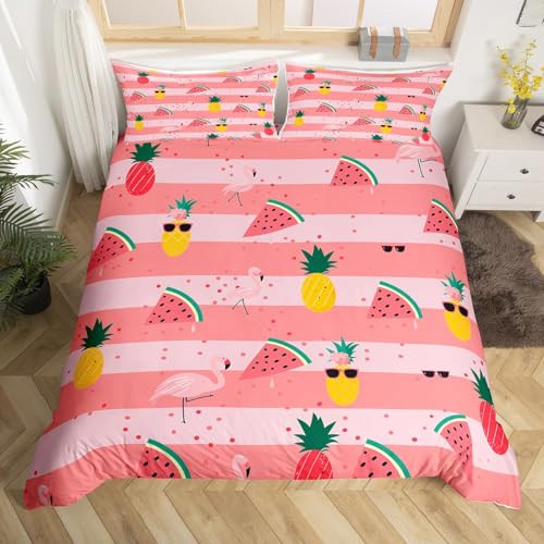 richhome Wassermelone Kinder Bettbezug Set 135x200,Flamingo Ananas Tropische Früchte Bettwäsche Set, geometrische Streifen Sommer Tröster Bezug, Rosa romantische Quilt Cover, 1 Kissenbezug von richhome