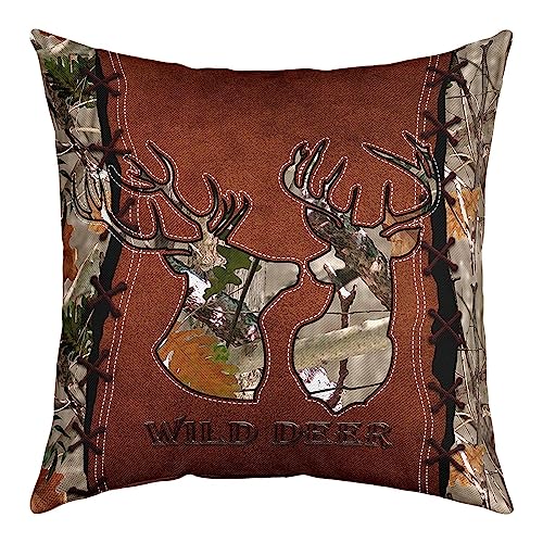 richhome Wild Deer Kissenbezug 40x40, Hirsch Geweih Tier Silhouette Kissenbezug Kissenbezug, Bäume Pflanze Retro Braun Leder Wurf Kissenbezug Doppelseiten Druck, Einzelpack von richhome