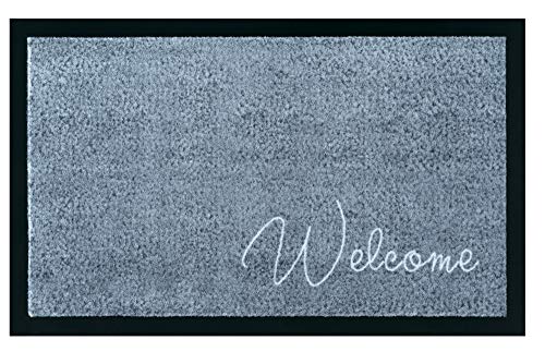 Strapazierfähige Outdoor Fußmatte CLEAN WELCOME 75x45cm blau grau Fußabtreter Modern Design Eingangstürmatte wetterfest Schmutzfangmatte für Innen- und Außenbereich mit Anti-Rutsch-Unterseite von Riess Ambiente