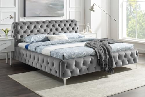 Riess Ambiente Elegantes Doppelbett MODERN BAROCK 180x200cm grau Samt Chesterfield Design von Riess Ambiente