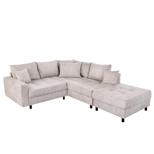 Riess Ambiente Modernes Ecksofa Kent 220cm Greige Bouclé inkl. Hocker und Kissen Wohnlandschaft Sofa Couch Couchgarnitur von Riess Ambiente
