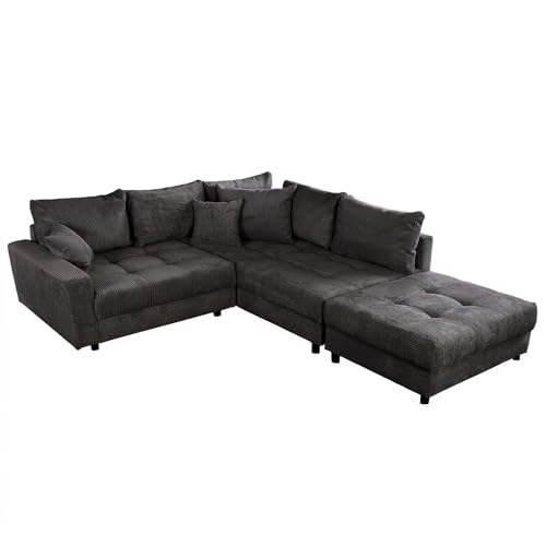 Riess Ambiente Modernes Ecksofa Kent 220cm dunkelgrau Cord inklusive Hocker Federkern Wohnlandschaft Sofa Couchgarnitur von Riess Ambiente