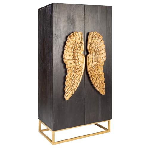 Riess Ambiente Extravagantes Highboard Angel 140cm schwarz Mangoholz mit goldenen Flügeln Wohnzimmerschrank Schrank Hochschrank Esszimmerschrank Holzschrank von Riess Ambiente