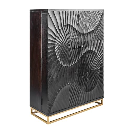 riess-ambiente.de Massiver Barschrank Scorpion 141cm schwarz Mangoholz mit 3D Schnitzereien von Riess Ambiente