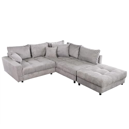 riess-ambiente.de Moderne Wohnlandschaft Kent 220cm hellgrau Cord inklusive Hocker und Kissen Ecksofa von Riess Ambiente