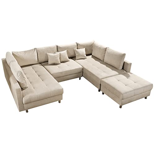 riess-ambiente.de Moderne XXL Wohnlandschaft Kent 305cm Champagner beige Samt inkl. Hocker und Kissen von Riess Ambiente