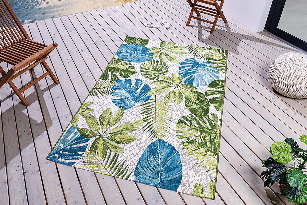 Teppich LEAF 175x120cm türkis / grün / weiß, riess-ambiente, rechteckig, Höhe: 3 mm, Wohnzimmer · Flachgewebe · florales Design · Blattmuster · Outdoor von riess-ambiente