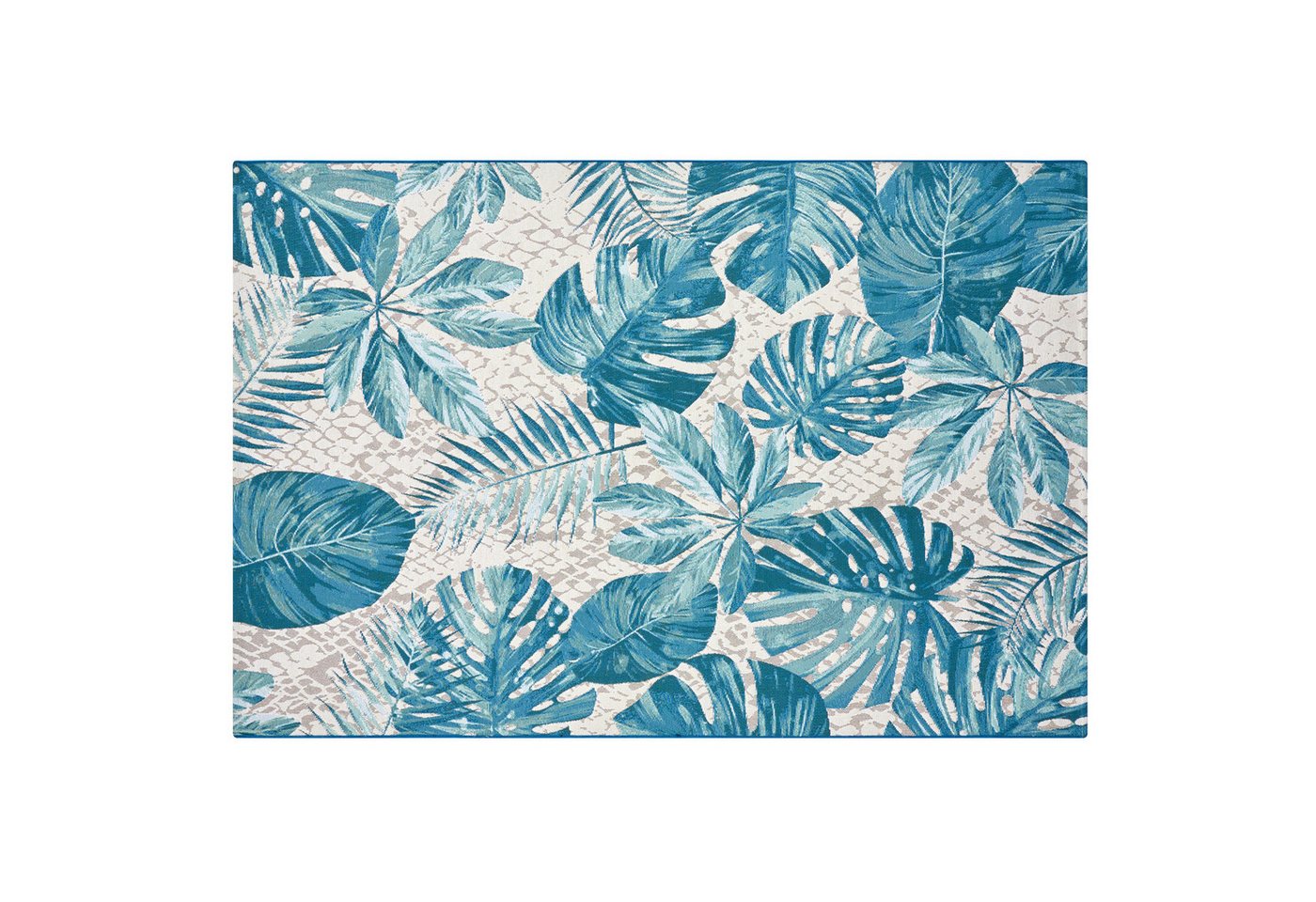 Teppich LEAF 175x120cm türkis / weiß, riess-ambiente, rechteckig, Höhe: 3 mm, Wohnzimmer · Flachgewebe · florales Design · Blattmuster · Outdoor von riess-ambiente