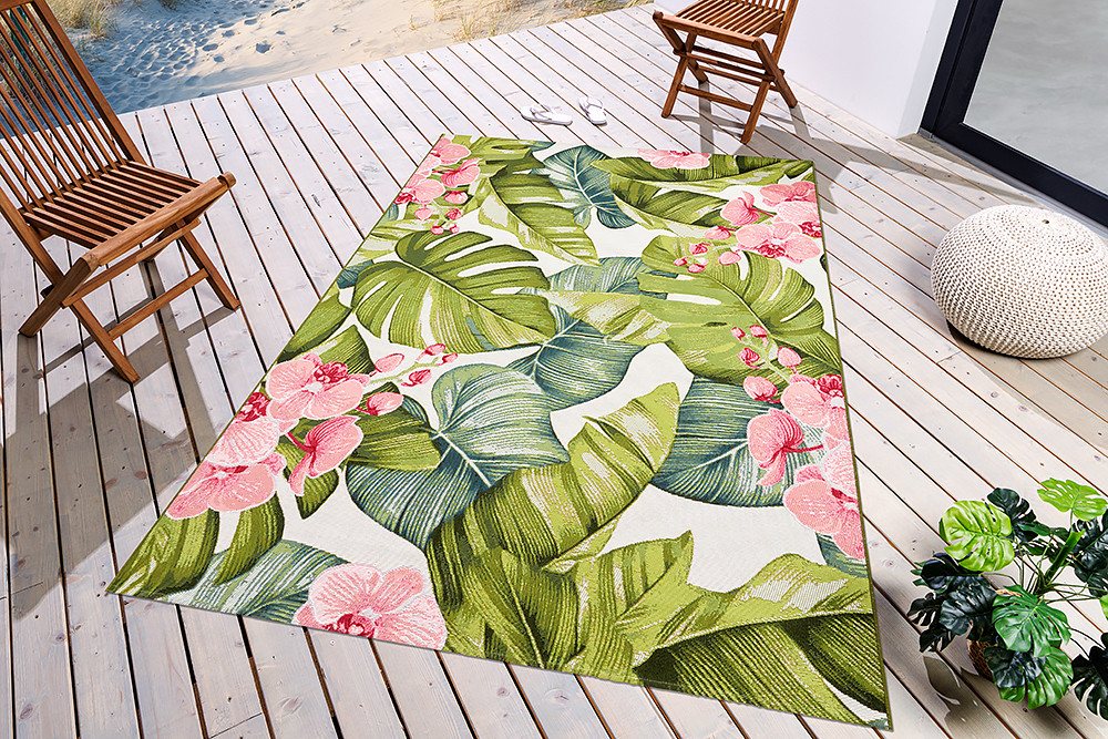 Teppich OASIS 235x160cm rosa / grün / weiß, riess-ambiente, rechteckig, Höhe: 8 mm, Wohnzimmer · Flachgewebe · florales Design · Blattmuster · Outdoor von riess-ambiente