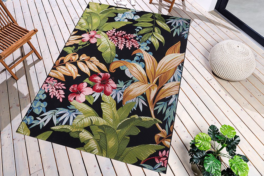 Teppich OASIS 235x160cm schwarz / pink / türkis / gold, riess-ambiente, rechteckig, Höhe: 8 mm, Wohnzimmer · Flachgewebe · florales Design · Blattmuster · Outdoor von riess-ambiente