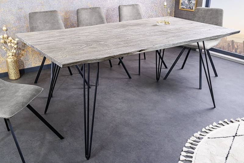 riess-ambiente Baumkantentisch SCORPION 140cm grau / schwarz · 2,5cm Tischplatte (Einzelartikel, 1-St), Küche · Akazie-Massivholz · Metall · Esszimmer · Hairpin Legs · Retro von riess-ambiente