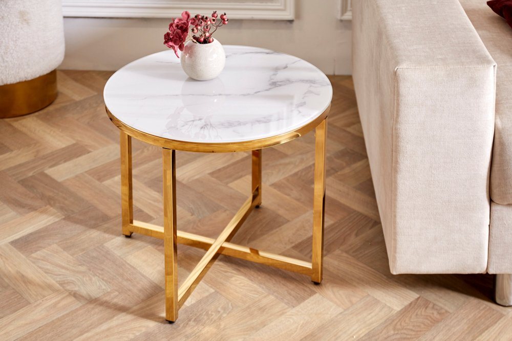 riess-ambiente Beistelltisch BOUTIQUE 50cm weiß / gold (Einzelartikel, 1-St), Wohnzimmer · Kristallglas · Metall · rund · Marmor-Dekor · Barock von riess-ambiente