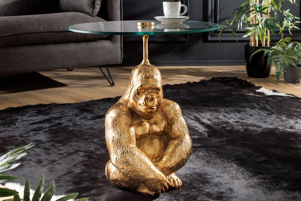 riess-ambiente Beistelltisch KONG 50cm gold / transparent (Einzelartikel, 1-St), Wohnzimmer · Metall · Glas · rund · Affenfigur · Gorilla-Skulptur von riess-ambiente