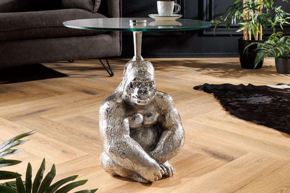 riess-ambiente Beistelltisch KONG 50cm silber / transparent (Einzelartikel, 1-St), Wohnzimmer · Metall · Glas · rund · Affenfigur · Gorilla-Skulptur von riess-ambiente