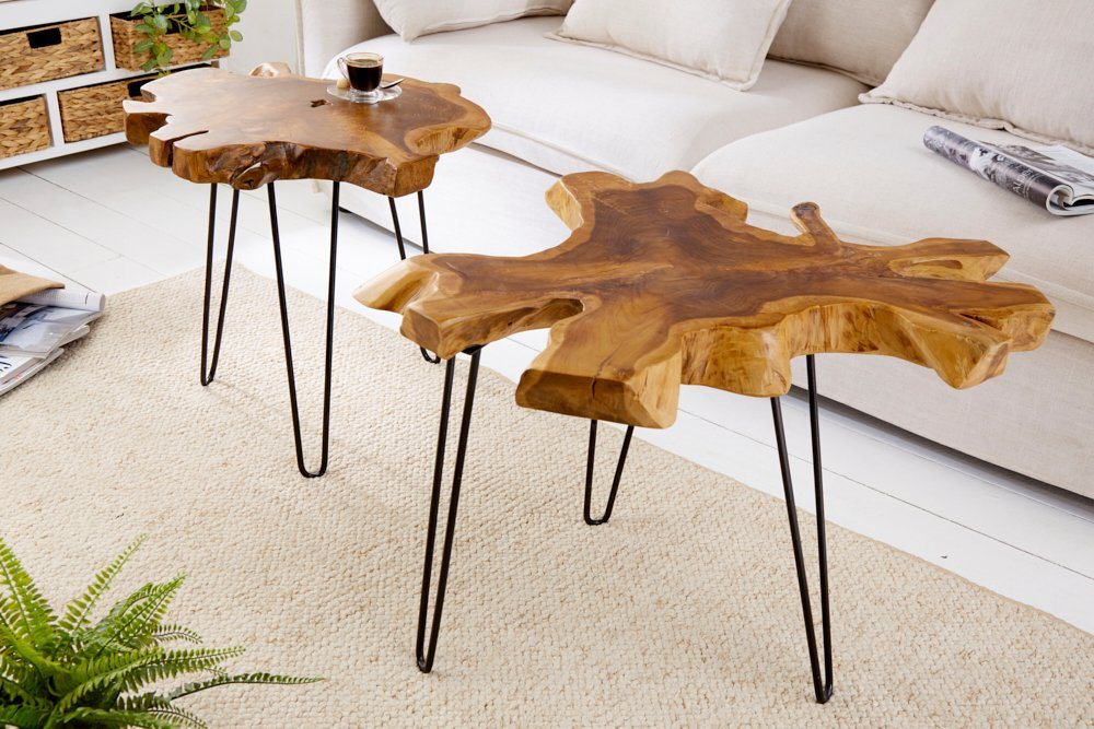 riess-ambiente Beistelltisch WILD 60cm natur, Massivholz · Couchtisch · Hairpin Legs · Baumscheibe · Teakholz von riess-ambiente