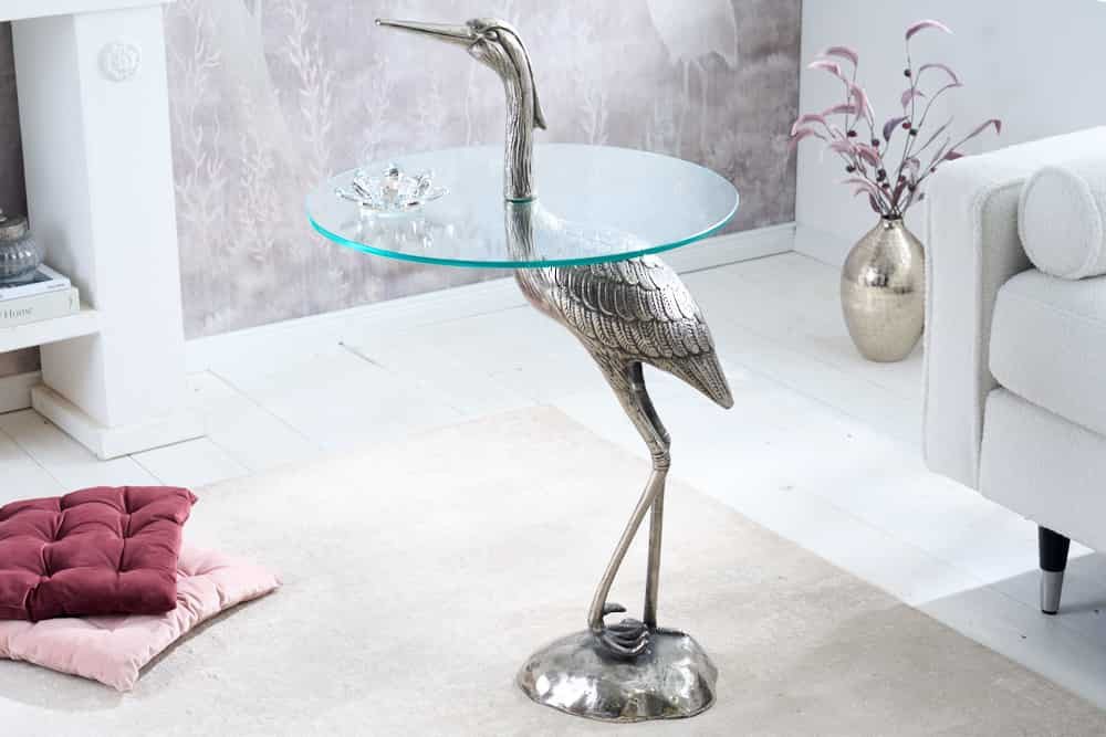 riess-ambiente Beistelltisch WILDLIFE HERON 90cm silber / transparent (Einzelartikel, 1-St), Wohnzimmer · Glas · Metall · rund · Skulptur · Urban Jungle · Design von riess-ambiente