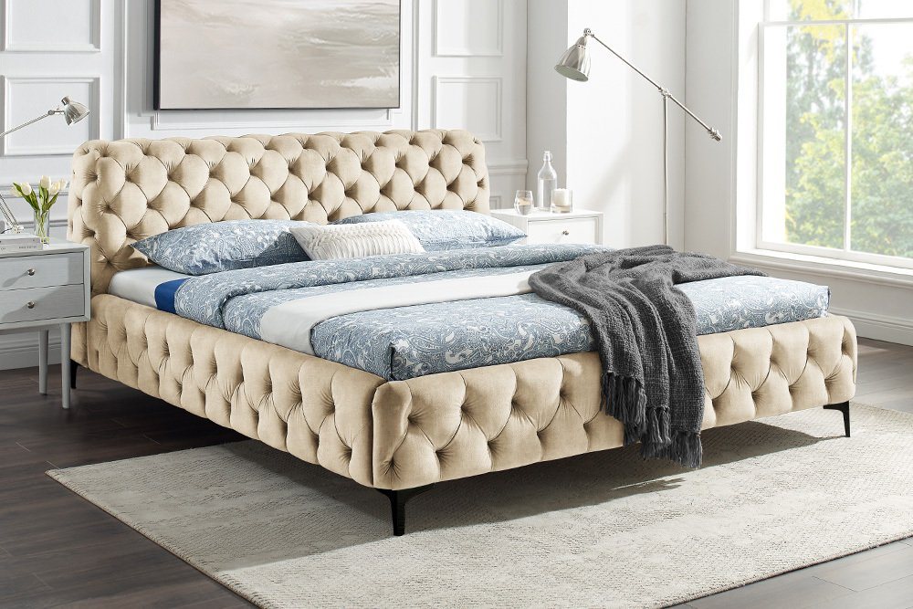 riess-ambiente Bett MODERN BAROCK 180x200cm champagner - Samt, Chesterfield, Polsterung (1-tlg), Doppelbett mit Ziersteppung-ideal für glamouröse Gäste- & Schlafzimmer von riess-ambiente