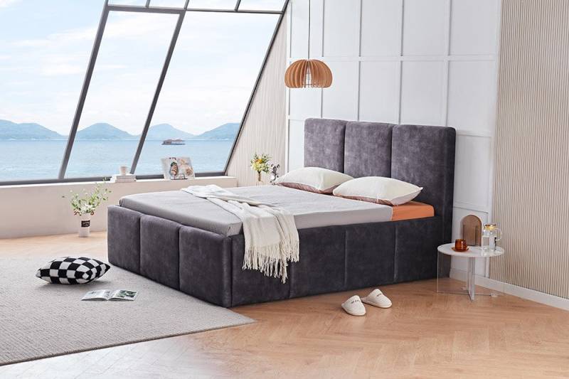 riess-ambiente Boxbett ATELIER 180x200cm grau - Samt, mit Bettkasten, Matratze und Topper (Einzelartikel, 1-St), Doppelbett mit gepolsterten Kopfteil - ideal für Gäste- & Schlafzimmer von riess-ambiente