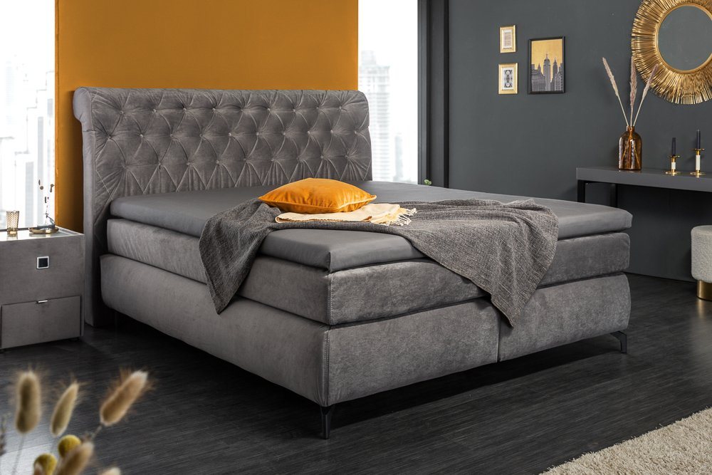 riess-ambiente Boxspringbett VERONA 180x200cm grau, Bett · inkl. Matratze & Topper · Samt-Bezug · Chesterfield Design von riess-ambiente