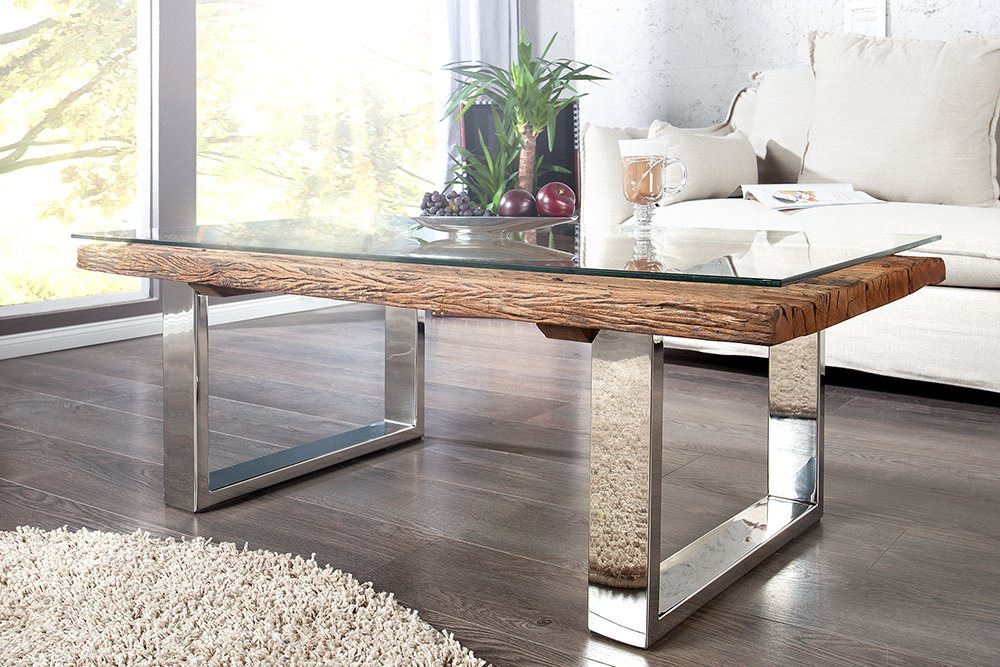 riess-ambiente Couchtisch BARRACUDA 110cm natur / silber (Einzelartikel, 1-St), Wohnzimmer · Massivholz · Glasplatte · eckig · Edelstahl · Industrial von riess-ambiente