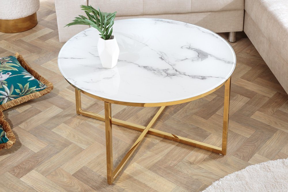 riess-ambiente Couchtisch BOUTIQUE 80cm weiß / gold (1-St), Glas · Metall · Marmor-Optik · Wohnzimmer · Modern Design von riess-ambiente