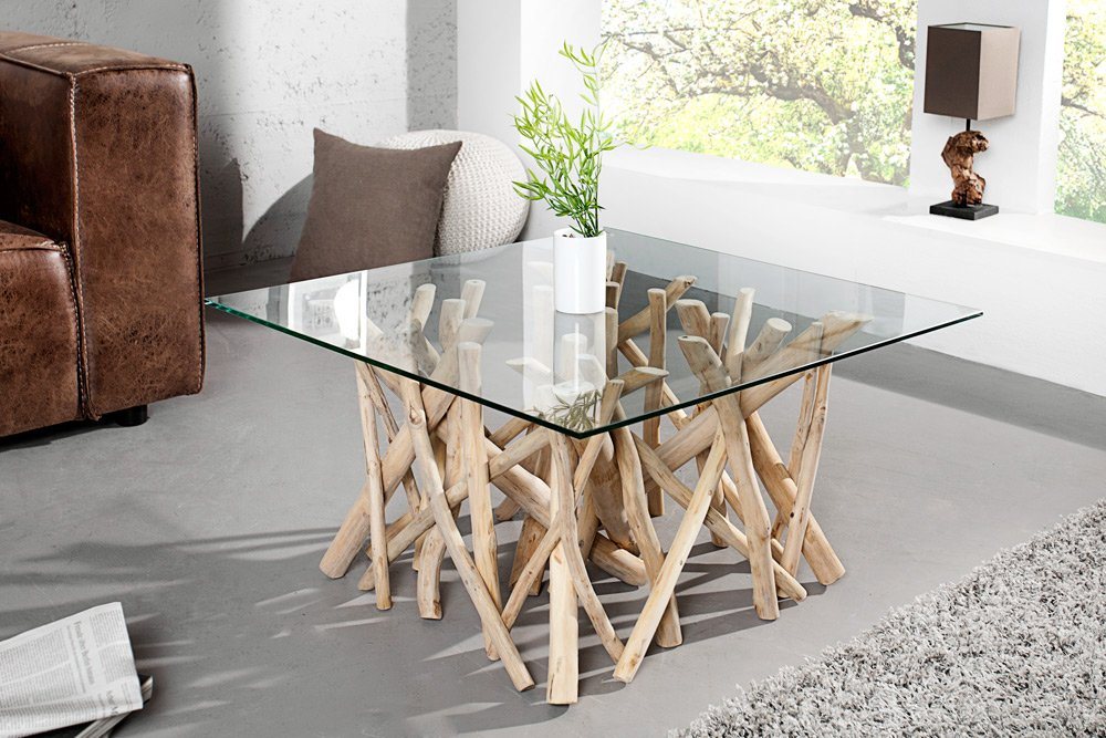 riess-ambiente Couchtisch DRIFTWOOD 80cm natur / transparent, Wohnzimmer · Massivholz· Glasplatte · eckig · Handarbeit von riess-ambiente