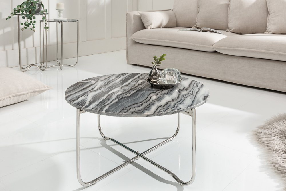 riess-ambiente Couchtisch NOBLE Ø65cm grau / silber (Einzelartikel, 1-St), Wohnzimmer · rund · abnehmbare Marmor-Tischplatte · Metall · handmade von riess-ambiente