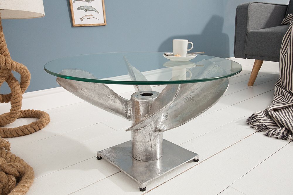 riess-ambiente Couchtisch OCEAN M Ø60cm transparent / silber antik (Einzelartikel, 1-St), Wohnzimmer · Glasplatte · rund · Maritim · Schiffsschraube · Metall von riess-ambiente